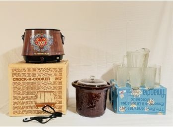 Vintage Farberware Brown Swedish Style Crockpot W/Handle And Vtg Jeannette Glass Finlandia Pitcher&glasses #44