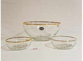 Vintage Glass Punch Bowl And 2 Small Bowls By Gailstyn 22K Gold Decorated   #85