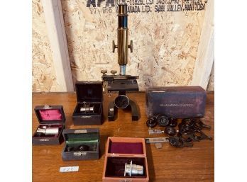 Antique Brass Microscope  And Ocular Lenses Lot: Bausch&Lomb, E.Leitz Wetzlar Zeichen, Carl Zeiss Jena #273