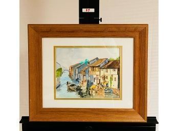 Watercolor Painting Of Old Town In China Artist Signed 14.5'X17.5'  #37