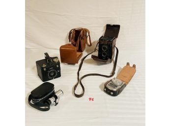 Rolleiflex Old Standard Camera In Original Case, Vintage Kodak Brownie, Vintage Sekonic Meter, Camera Case #76