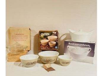 Vintage Pyrex Mixing Bowls In Original Box And White Porcelain Oval Casserole Items Brand New Never Used   #62