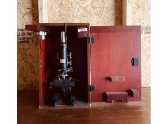 Vintage Bausch & Lomb Optical Co. Microscope W/Wood Case And Key And Microscope Lenses  #191