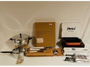 SilverStone Cookware 2 Pots W/lids, Emeril Bamboo Cutting Board & 3 Pc Knife , Miracle Blade Set & Baker #45