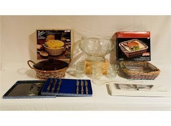 Vtg Bakewares In A Basket In Original Boxes, Hostess Set, Silver Plated Knife Set, Punch Bowl & Glasses  #47