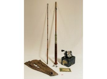 Antique Kingfisher Fishing Rod Pole W/case & Vtg Ocean City Bay City Salt Water Fishin Reel W/certificate #54