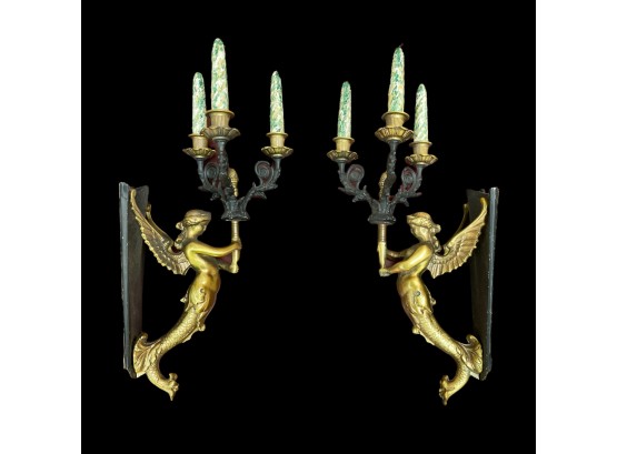 Pair Of Art Nouveau French Brass Mermaid Candelabras 19H With  Wooden Decoratove Candles #57
