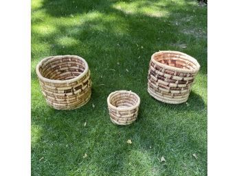 2 Large And 1 Small Vintage Hand Crafted Palm Leaf Rattan Woven Baskets  #30