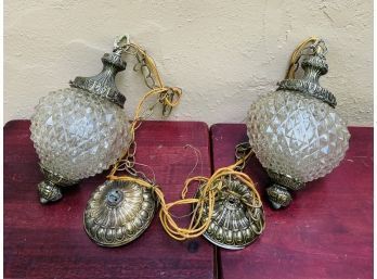 Pair Of Vintage Pineapple Glass Pendant Hanging Lamps #54