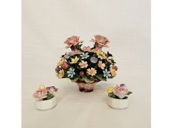 Capodimonte Flower Basket Bouquet And Two Porcelain Mini Bouqets #5