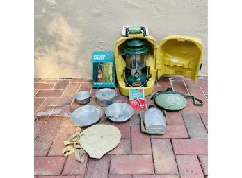 Vintage Coleman Lantern In Case W/original Tag And Accessories Plus Boy Scouts Cooking Kits  #202