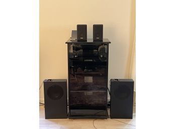 Modern Black Media Stand Cabinet, Speak System, Pioneer VSX-D906S, AIWA Stereo Cassette Deck #92