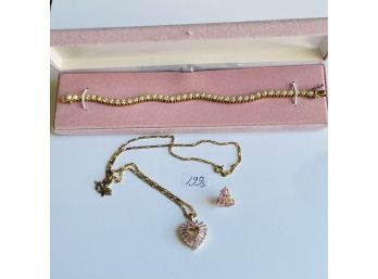 #  Beautiful Gold Plated 925 Silver Heart Pendant Necklace W/chain, Earrings And Bracelet  #199