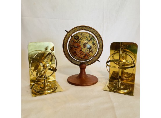 Pair Of Vintage Brass Sundial Bookends And Vintage Globe Model #54