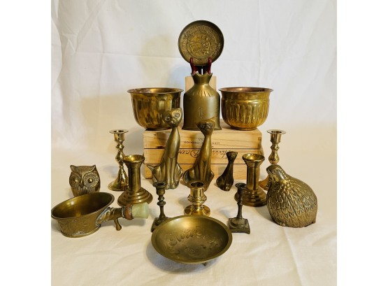 Lot Of Vintage Mid Century Ornamental Brass Items, Chinese Silk Iron W/jade Handle, Birds, Cats And More #23