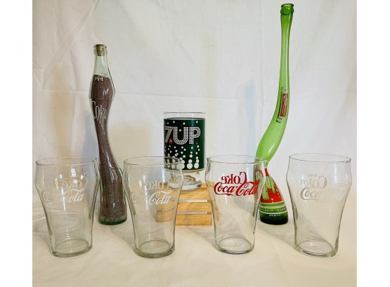 Rare Vintage Stretched Coca Cola And 7 UP Long Neck Glass Bottles And Large Coca Cola And 7 UP Glasses #34