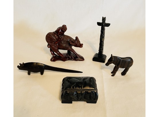 Vintage Chinese Hand Carved Wood Sculpture, Vtg Animal Totem Pole, Egyptian Blackstone Trinket Box, Etc #42