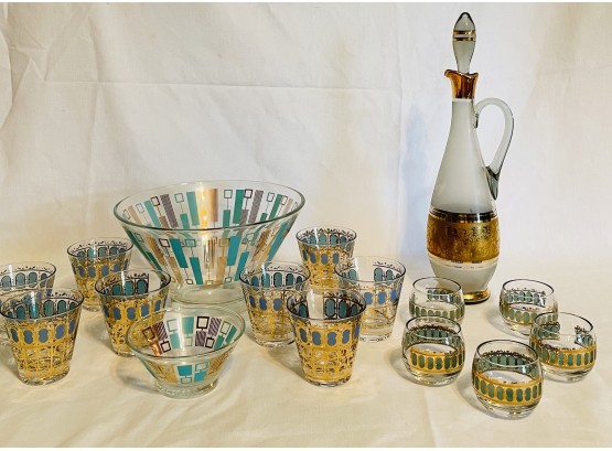 Mid Century Kitchen Bowls, Retro Culver Glasses Set Of 8 And Culver Bar Glasses Set Of  5 & Vtg Decanter #29