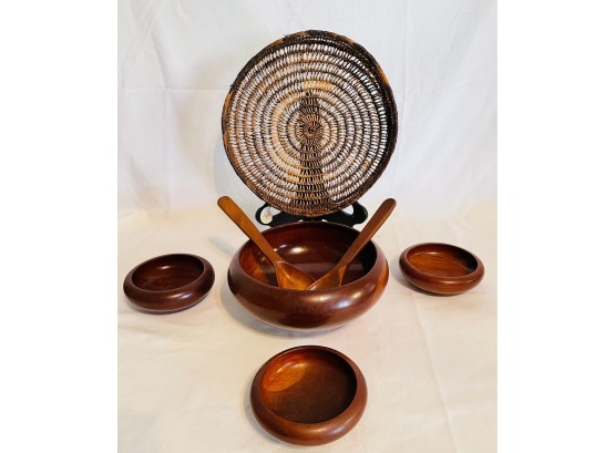 Vintage Hand-carved Wood Bowl Salad Set And Basket Tray  #58