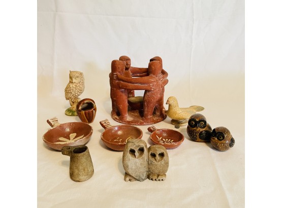 Mayan Mexico Art Pottery, Owl Figurines And Bird #22