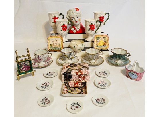 Vtg Trimont Ware Teacup And Saucer Set Of 4, Lefton Japan Pedestal Mugs, Italian Mini Decoratives, Etc #170