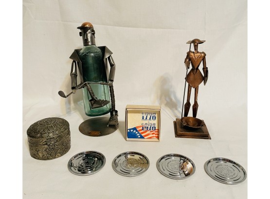 H&K Steel Sculpture Wine Bottle Holder Caddy, Don Quixote Metal Sculpture, Metal Cast Coasters & Box  #184