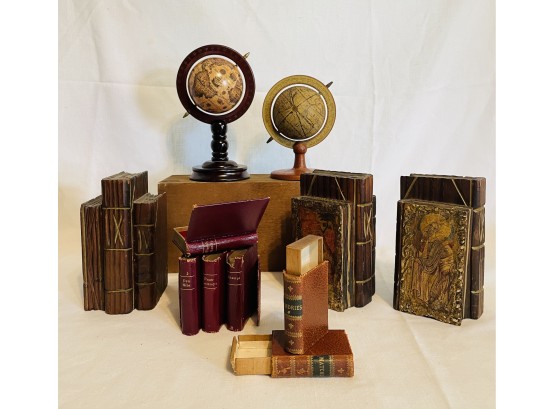 Hand Carved Bookends, Vtg Decorative Leather Book Jewelry Boxes & Vtg Leather Faux Book Boxes Secret Safe #55