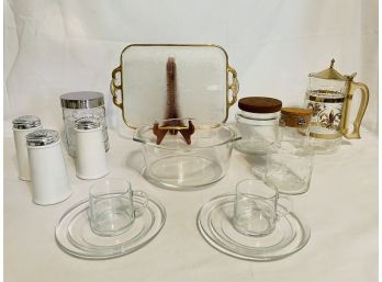 Vintage Glass Items Lot: French Glass Cup & Saucer Set Of 2, Dansk Large White Shakers, Pyrex Bowl, Etc  #168