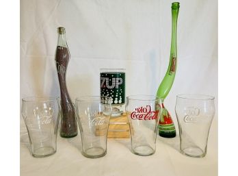 Rare Vintage Stretched Coca Cola And 7 UP Long Neck Glass Bottles And Large Coca Cola And 7 UP Glasses #34