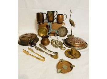 Vintage Copper Cups Mugs, Antique Copper Egg Poacher, Colander, Bronze Horse, Vintage Tongs And More #174