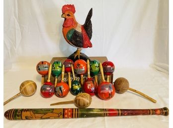 Hand Carved Painted Aztec Pinata Stick 31'L,hand-painted Maracas Mexico & Haiti, Indonesia Wood Rooster 16'H