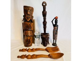 Vintage Hand Carved African Wood Sculptures, Tribal Candle Holder, Fork And Spoon #1
