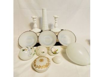 Antique Victorian Milk Glass Eggs Hand Blown And Hand Painted, Fenton Milk Glass Candle Holders And More #173