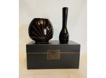 Art Deco Black Glazed Vases And 6'H X 12.5'W X 7'D Vintage Black Chest #49