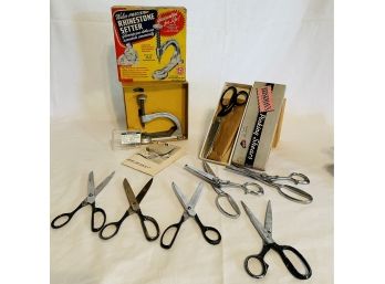 Vintage Rhinestone Setting Tool And Many Vintage Scissors, Zig Zag Scissors #41