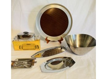 Mid Century Brown Formica Tray 14 1/8',  Vintage Butter Dish, 2 Trays, Vtg Stainless Steel Mixing Bowl 8'D #17