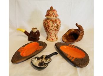 Handcrafted Ceramic Urn , Vintage Pipe Planter, Vintage Ceramic Cornucopia, Vintage MCM Ashtrays #50