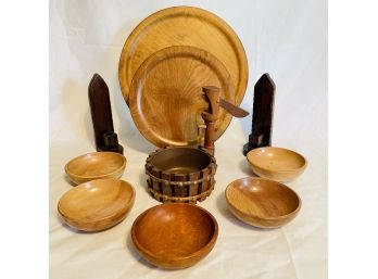 Vintage Wood Basket Nutcracker, Bowls, 2 Trays And A Pair Of Wood Candle Holders #2