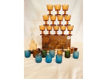 Vintage Set Of 12 Amber Indiana Glasses,vtg Amber Student Lamp, Vntg Glass Bell, Trinket Holder And Votives#36