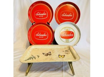 Vintage Set Of 4 Schaefer Beer Trays 12' And Tv Tray 12.5'W X 17'L   #12