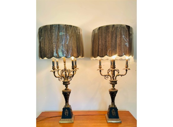 Pair Of Empire Style Gilt Bronze Candelabra Table Lamps With Shades 45 In #11