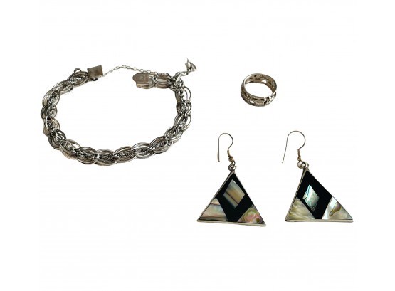 Sterling Silver Jewelry Includes Triangle Earrings, Ring And Vintage Sterling Silver TC Bracelet  #26