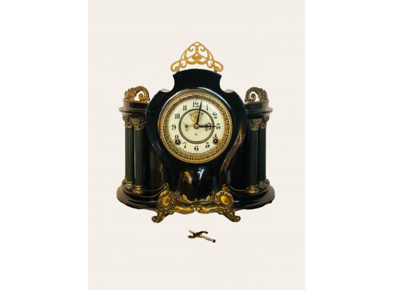 Antique Ansonia Clock In Black Enamel With Gilt Ornaments Dial Enameled Signed With Ansonia Trademark W/key#70