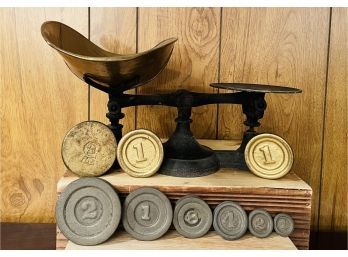 Rare Antique Scale And Brass And Cast Iron Weights  #127