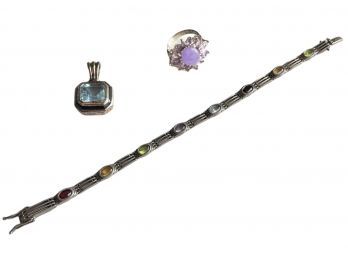 Lavender Jade & Tanzanite Sterling Silver Ring, Square Floral Blue Topaz Pendant SG & Bracelet With Stones #29