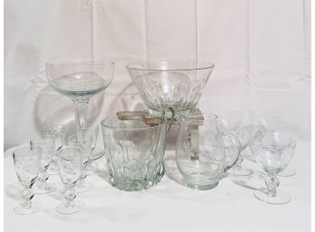 Vintage Etched Glass Serving Glassware Lot: Glass Ice Bucket With Tongs, Bowls, Glasses And Pitcher  #103