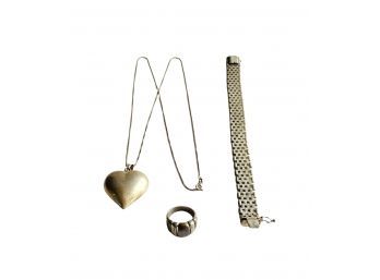 Two Tone Sterling Silver Ring, Vintage Puffed Heart Silver Pendant And Chain And Silver Bracelet #2