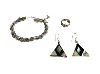 Sterling Silver Jewelry Includes Triangle Earrings, Ring And Vintage Sterling Silver TC Bracelet  #26