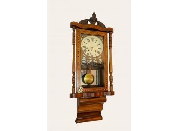 Antique Walnut Inlaid Wall Clock With Key 37.5H X 15'W Fully Operational And Functions As Intended #19
