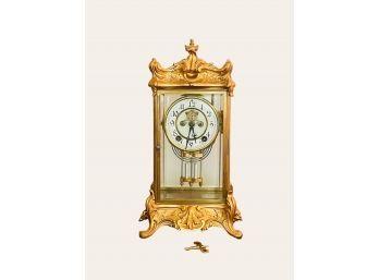 Antique American Art Nouveau New Haven Brass Crystal Regulator Mantel Clock W/key Great Working Condition  #30